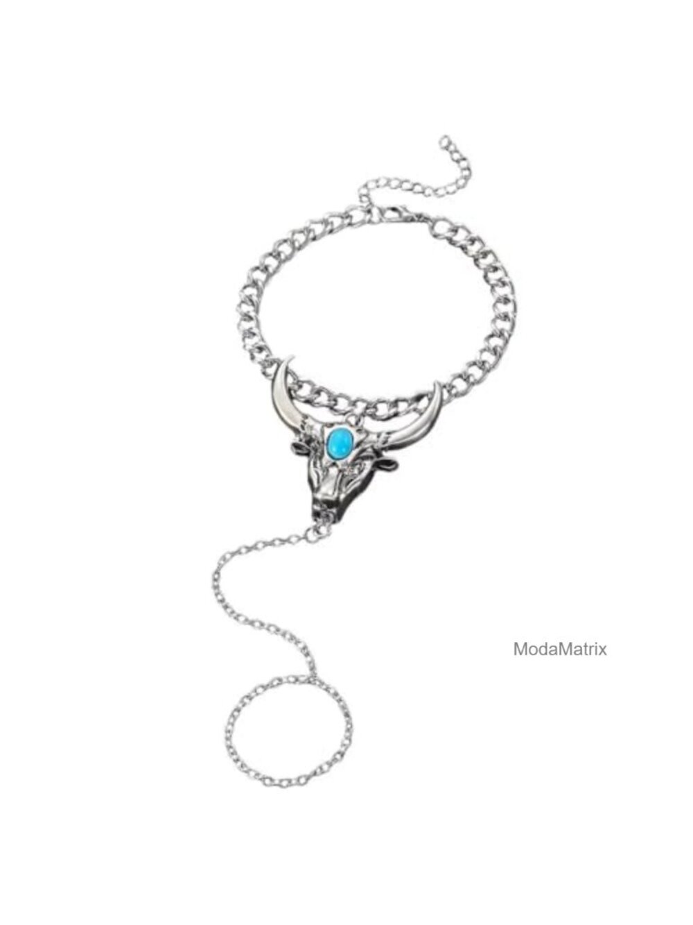 Western Turquoise Cow Skull Hand Chain Bracelet Link Curb Chain
